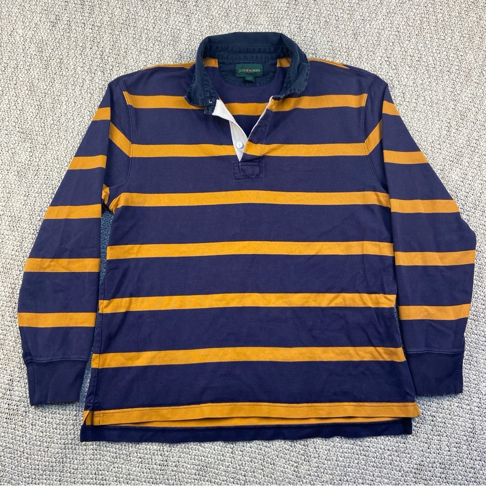 J Crew Always Rugby Shirt Mens Large Blue Yellow Cotton Stripe Polo Prep Button